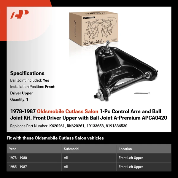 1978-1987 Oldsmobile Cutlass Salon 1-Pc Control Arm and Ball Joint Kit, Front Driver Upper with Ball Joint A-Premium APCA0420