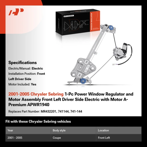 2001-2005 Chrysler Sebring 1-Pc Power Window Regulator and Motor Assembly Front Left Driver Side Electric with Motor A-Premium APWR1940