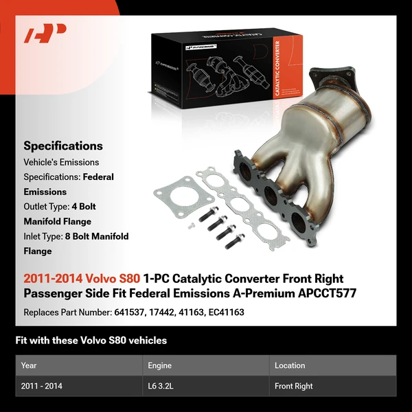 2011-2014 Volvo S80 1-PC Catalytic Converter Front Right Passenger Side Fit Federal Emissions A-Premium APCCT577