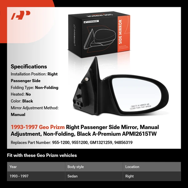 1993-1997 Geo Prizm Right Passenger Side Mirror, Manual Adjustment, Non-Folding, Black A-Premium APMI2615TW