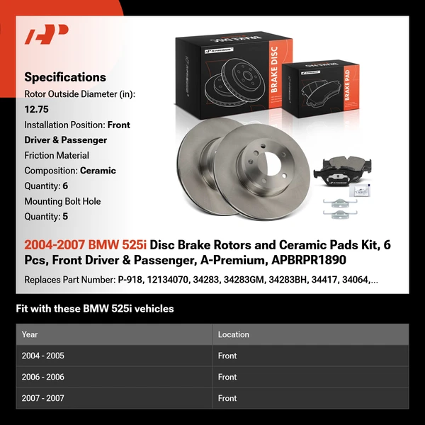 2004-2007 BMW 525i Disc Brake Rotors and Ceramic Pads Kit, 6 Pcs, Front Driver & Passenger, A-Premium, APBRPR1890