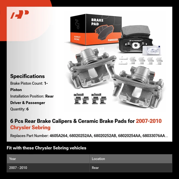 6 Pcs Rear Brake Calipers & Ceramic Brake Pads for 2007-2010 Chrysler Sebring