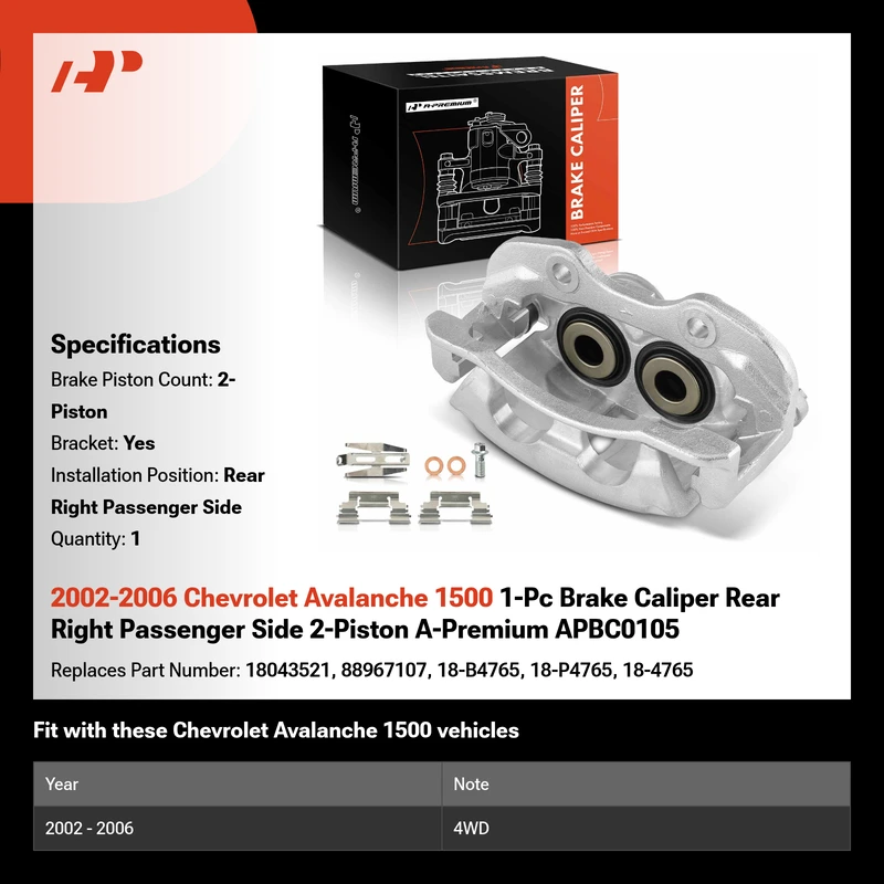 2002-2006 Chevrolet Avalanche 1500 1-Pc Brake Caliper Rear Right Passenger Side 2-Piston A-Premium APBC0105