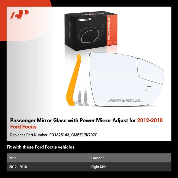 Passenger Mirror Glass with Power Mirror Adjust for 2012-2018 Ford Focus
