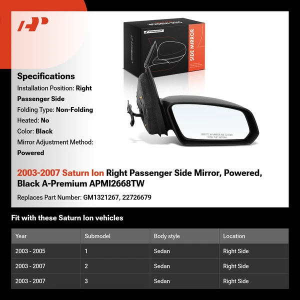 2003-2007 Saturn Ion Right Passenger Side Mirror, Powered, Black A-Premium APMI2668TW