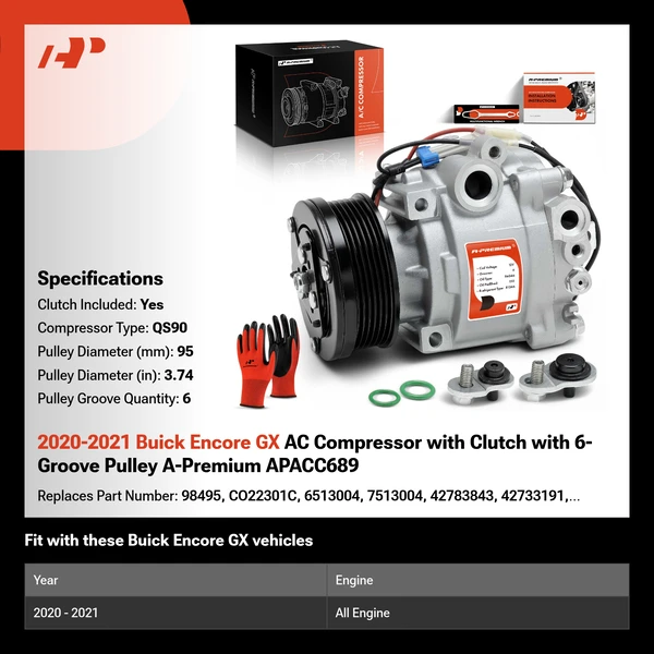 2020-2021 Buick Encore GX AC Compressor with Clutch with 6-Groove Pulley A-Premium APACC689
