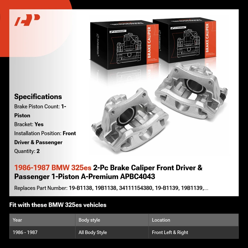1986-1987 BMW 325es 2-Pc Brake Caliper Front Driver & Passenger 1-Piston A-Premium APBC4043
