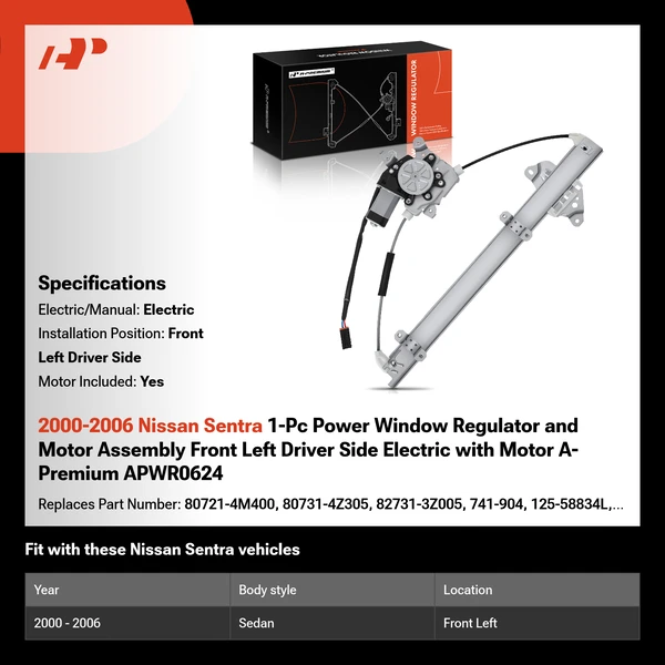 2000-2006 Nissan Sentra 1-Pc Power Window Regulator and Motor Assembly Front Left Driver Side Electric with Motor A-Premium APWR0624