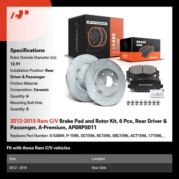 2012-2015 Ram C/V Brake Pad and Rotor Kit, 6 Pcs, Rear Driver & Passenger, A-Premium, APBRPS011
