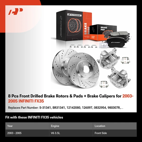 8 Pcs Front Drilled Brake Rotors & Pads + Brake Calipers for 2003-2005 INFINITI FX35