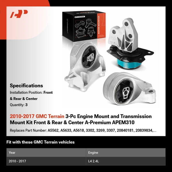 2010-2017 GMC Terrain 3-Pc Engine Mount and Transmission Mount Kit Front & Rear & Center A-Premium APEM310