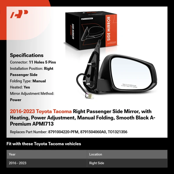 2016-2023 Toyota Tacoma Right Passenger Side Mirror, with Heating, Power Adjustment, Manual Folding, Smooth Black A-Premium APMI713