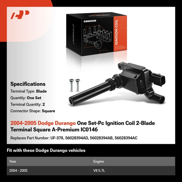 2004-2005 Dodge Durango One Set-Pc Ignition Coil 2-Blade Terminal Square A-Premium IC0146