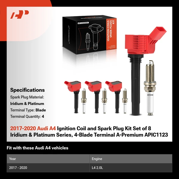 2017-2020 Audi A4 Ignition Coil and Spark Plug Kit Set of 8 Iridium & Platinum Series, 4-Blade Terminal A-Premium APIC1123