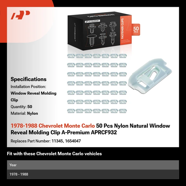 1978-1988 Chevrolet Monte Carlo 50 Pcs Nylon Natural Window Reveal Molding Clip A-Premium APRCF932