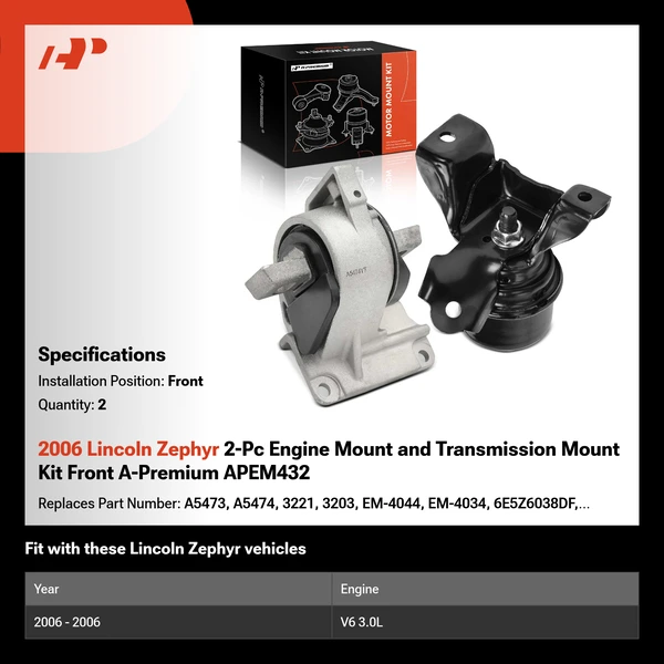 2006 Lincoln Zephyr 2-Pc Engine Mount and Transmission Mount Kit Front A-Premium APEM432