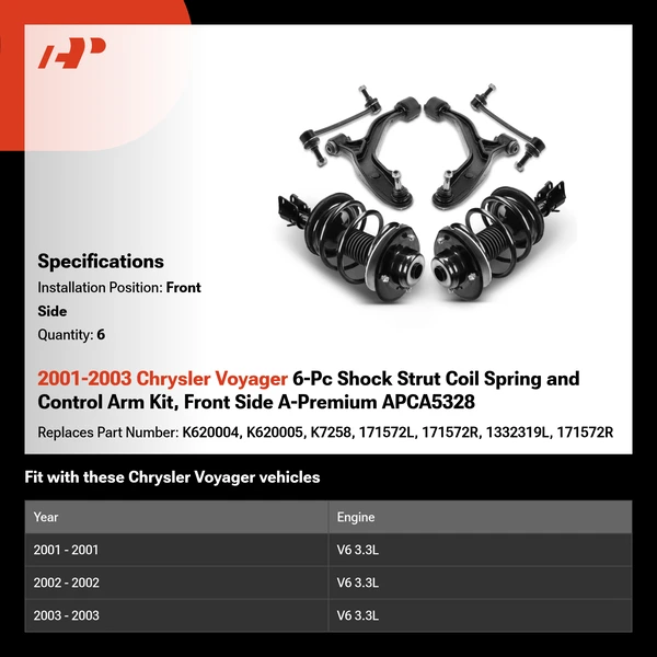 2001-2003 Chrysler Voyager 6-Pc Shock Strut Coil Spring and Control Arm Kit, Front Side A-Premium APCA5328