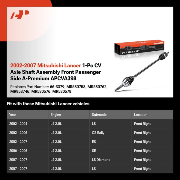 2002-2007 Mitsubishi Lancer 1-Pc CV Axle Shaft Assembly Front Passenger Side A-Premium APCVA398