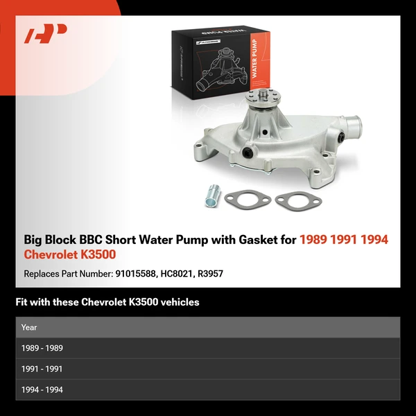 Big Block BBC Short Water Pump with Gasket for 1989 1991 1994 Chevrolet K3500