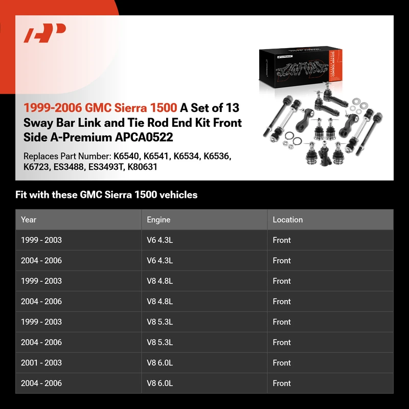 1999-2006 GMC Sierra 1500 A Set of 13 Sway Bar Link and Tie Rod End Kit Front Side A-Premium APCA0522