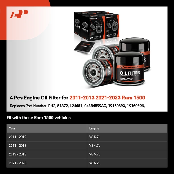 4 Pcs Engine Oil Filter for 2011-2013 2021-2023 Ram 1500