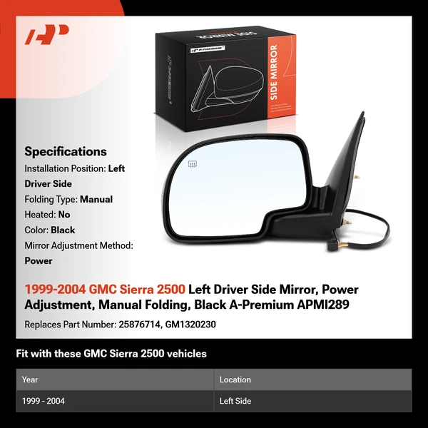 1999-2004 GMC Sierra 2500 Left Driver Side Mirror, Power Adjustment, Manual Folding, Black A-Premium APMI289