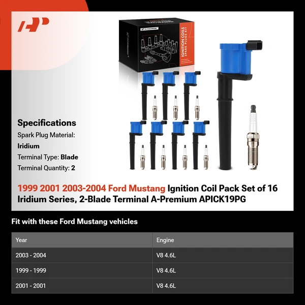 1999 2001 2003-2004 Ford Mustang Ignition Coil Pack Set of 16 Iridium Series, 2-Blade Terminal A-Premium APICK19PG