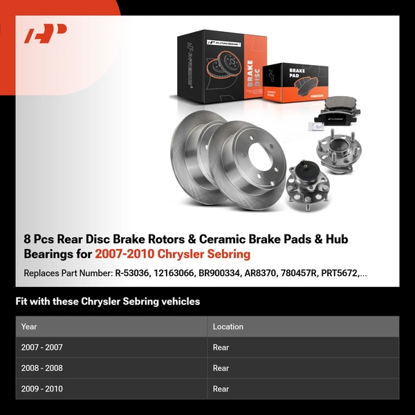 8 Pcs Rear Disc Brake Rotors & Ceramic Brake Pads & Hub Bearings for 2007-2010 Chrysler Sebring