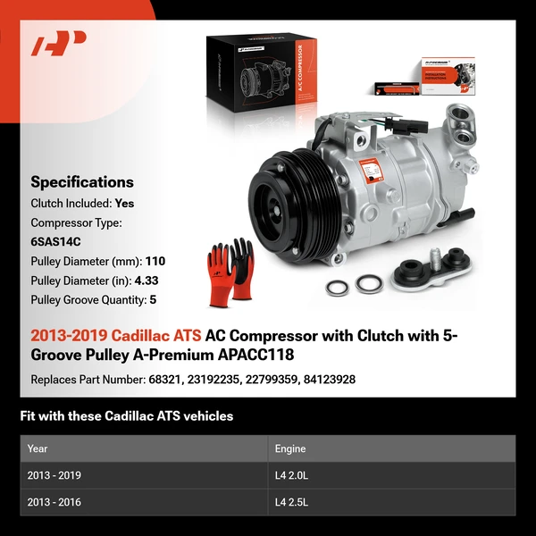 2013-2019 Cadillac ATS AC Compressor with Clutch with 5-Groove Pulley A-Premium APACC118