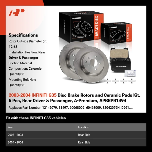 2003-2004 INFINITI G35 Disc Brake Rotors and Ceramic Pads Kit, 6 Pcs, Rear Driver & Passenger, A-Premium, APBRPR1494