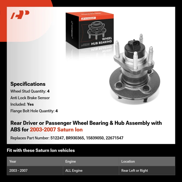 Rear Driver or Passenger Wheel Bearing & Hub Assembly with ABS for 2003-2007 Saturn Ion