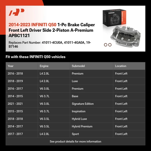 2014-2023 INFINITI Q50 1-Pc Brake Caliper Front Left Driver Side 2-Piston A-Premium APBC1121