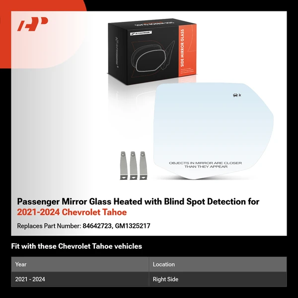 Passenger Mirror Glass Heated with Blind Spot Detection for 2021-2024 Chevrolet Tahoe