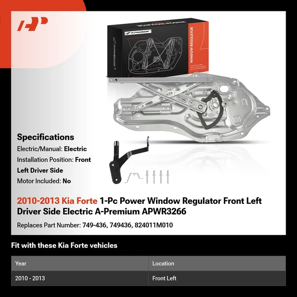 2010-2013 Kia Forte 1-Pc Power Window Regulator Front Left Driver Side Electric A-Premium APWR3266