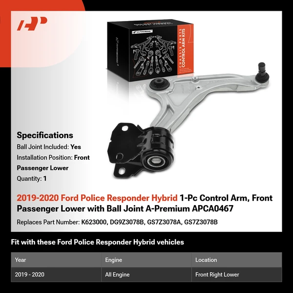2019-2020 Ford Police Responder Hybrid 1-Pc Control Arm, Front Passenger Lower with Ball Joint A-Premium APCA0467