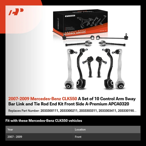 2007-2009 Mercedes-Benz CLK550 A Set of 10 Control Arm Sway Bar Link and Tie Rod End Kit Front Side A-Premium APCA0320