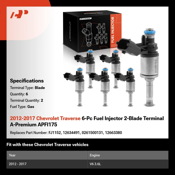 2012-2017 Chevrolet Traverse 6-Pc Fuel Injector 2-Blade Terminal A-Premium APFI175