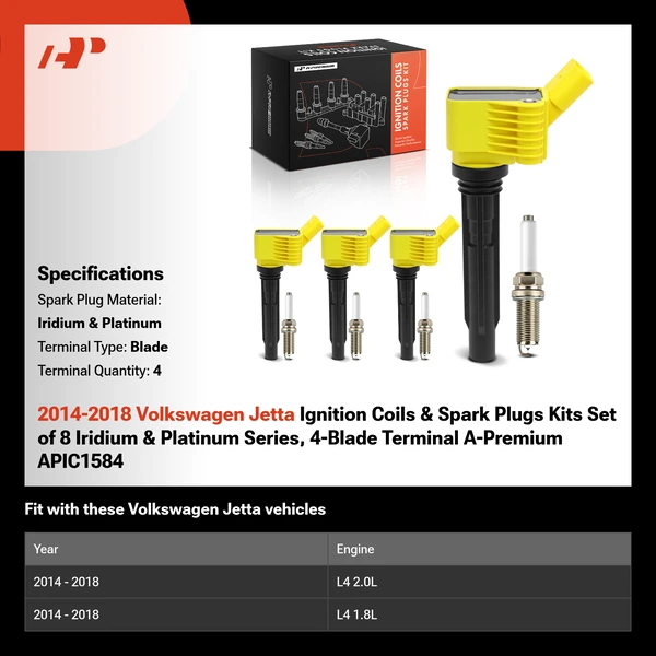 2014-2018 Volkswagen Jetta Ignition Coils & Spark Plugs Kits Set of 8 Iridium & Platinum Series, 4-Blade Terminal A-Premium APIC1584