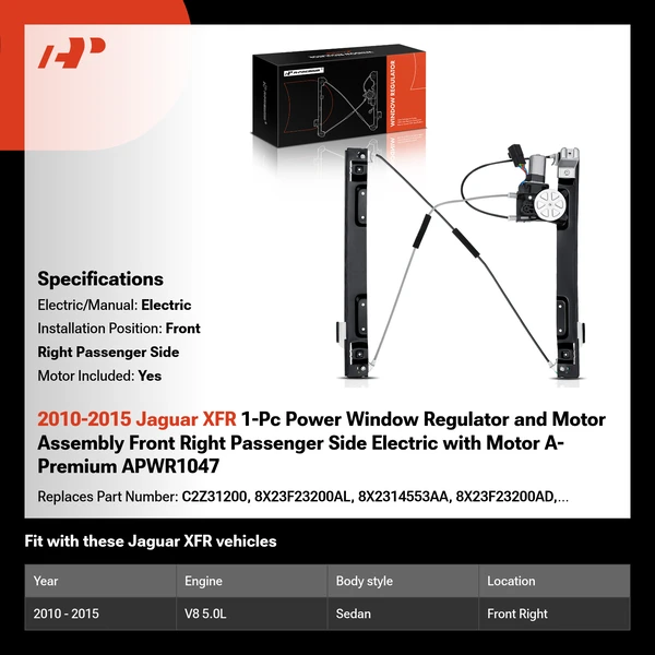 2010-2015 Jaguar XFR 1-Pc Power Window Regulator and Motor Assembly Front Right Passenger Side Electric with Motor A-Premium APWR1047
