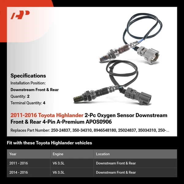 2011-2016 Toyota Highlander 2-Pc Oxygen Sensor Downstream Front & Rear 4-Pin A-Premium APOS0906