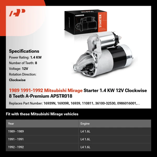 1989 1991-1992 Mitsubishi Mirage Starter 1.4 KW 12V Clockwise 8 Teeth A-Premium APSTR018
