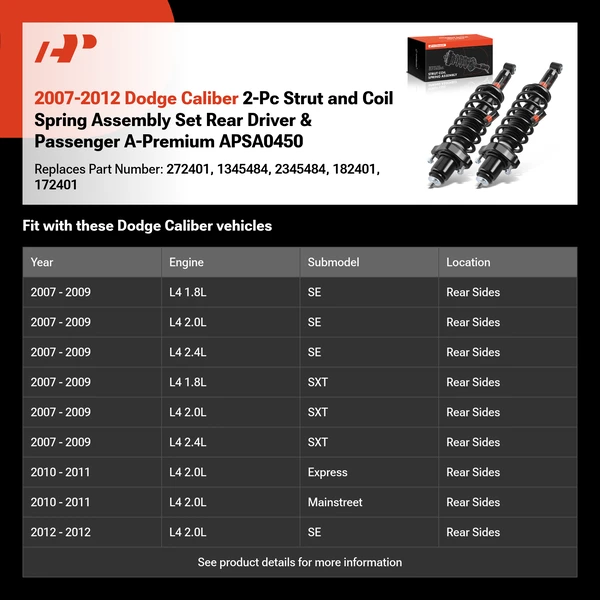 2007-2012 Dodge Caliber 2-Pc Strut and Coil Spring Assembly Set Rear Driver & Passenger A-Premium APSA0450