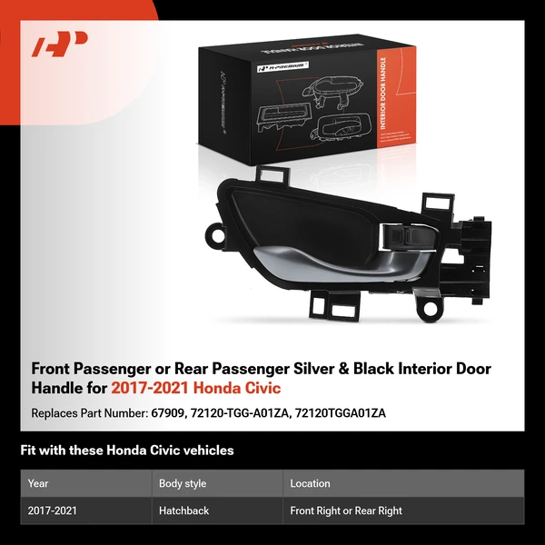 Front Passenger or Rear Passenger Silver & Black Interior Door Handle for 2017-2021 Honda Civic