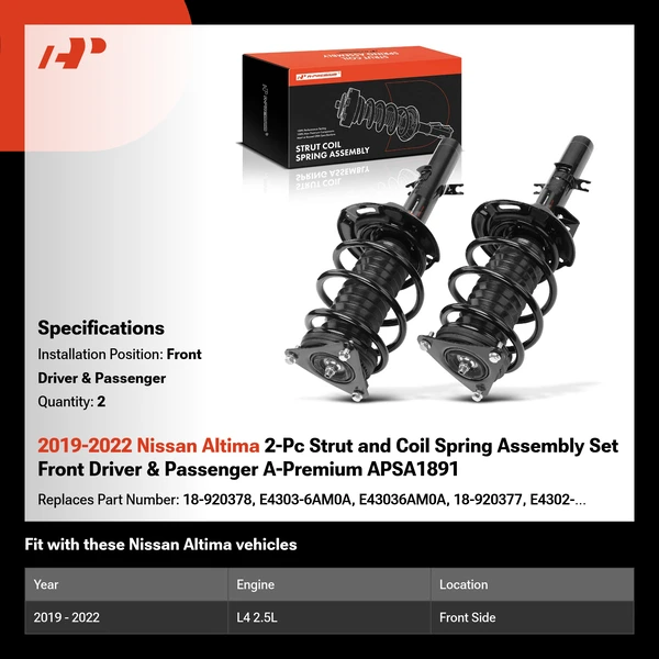 2019-2022 Nissan Altima 2-Pc Strut and Coil Spring Assembly Set Front Driver & Passenger A-Premium APSA1891