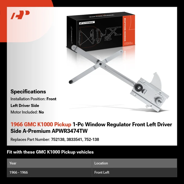 1966 GMC K1000 Pickup 1-Pc Window Regulator Front Left Driver Side A-Premium APWR3474TW