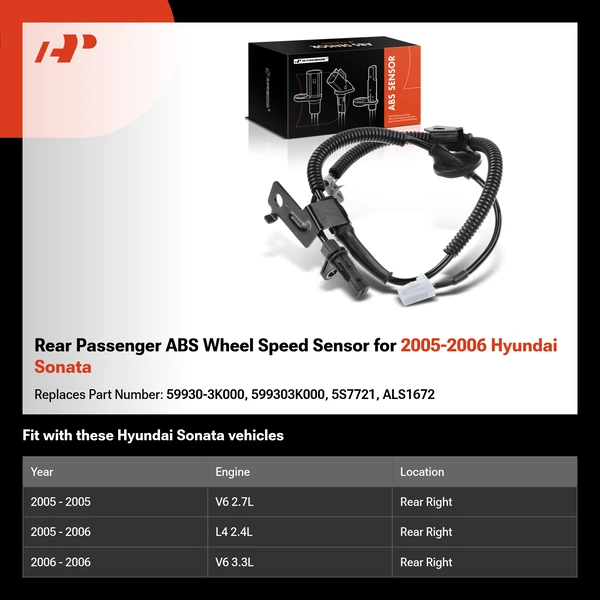 Rear Passenger ABS Wheel Speed Sensor for 2005-2006 Hyundai Sonata