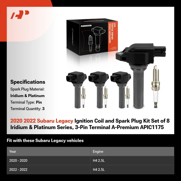 2020 2022 Subaru Legacy Ignition Coil and Spark Plug Kit Set of 8 Iridium & Platinum Series, 3-Pin Terminal A-Premium APIC1175