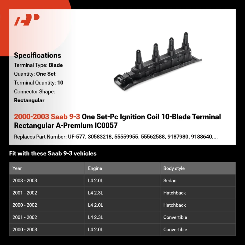 2000-2003 Saab 9-3 One Set-Pc Ignition Coil 10-Blade Terminal Rectangular A-Premium IC0057