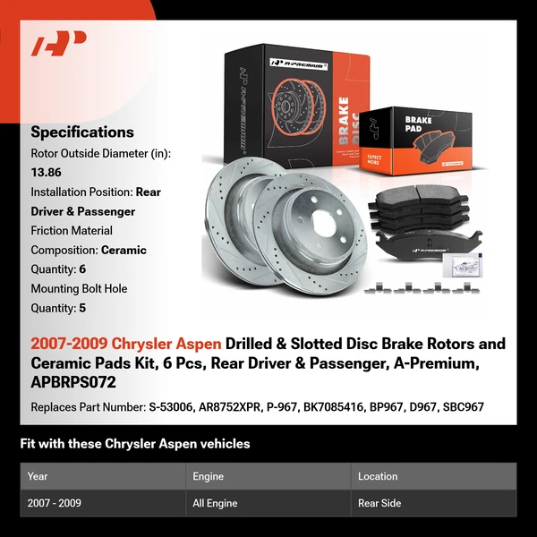 2007-2009 Chrysler Aspen Drilled & Slotted Disc Brake Rotors and Ceramic Pads Kit, 6 Pcs, Rear Driver & Passenger, A-Premium, APBRPS072