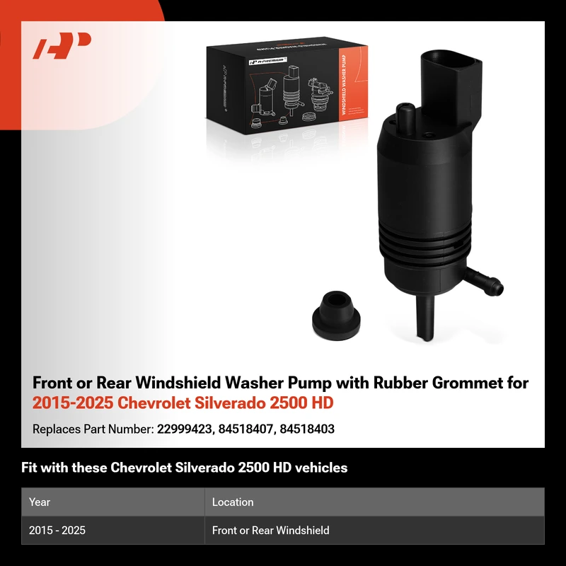 Front or Rear Windshield Washer Pump with Rubber Grommet for 2015-2025 Chevrolet Silverado 2500 HD